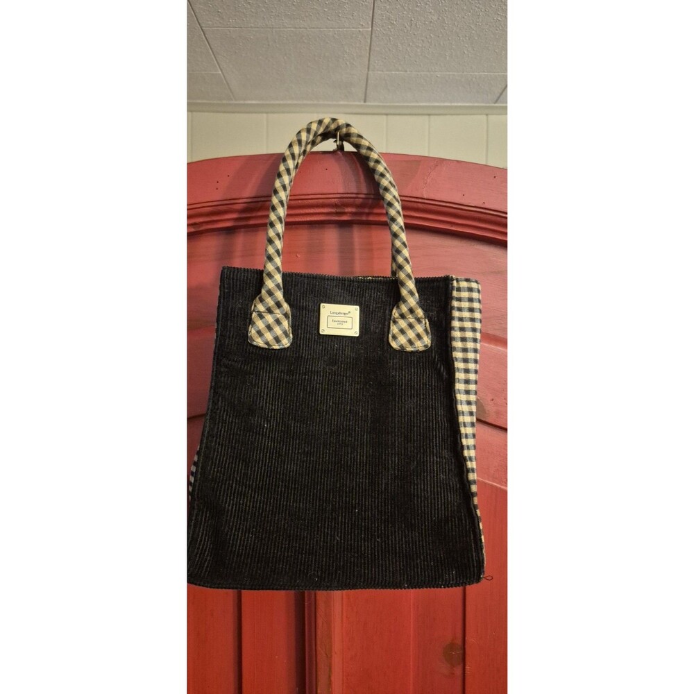 Longaberger Homestead Small Black Corduroy and Khaki Gingham Check Tote EUC